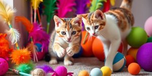 A cat playing with colorful toys on a bright surface.