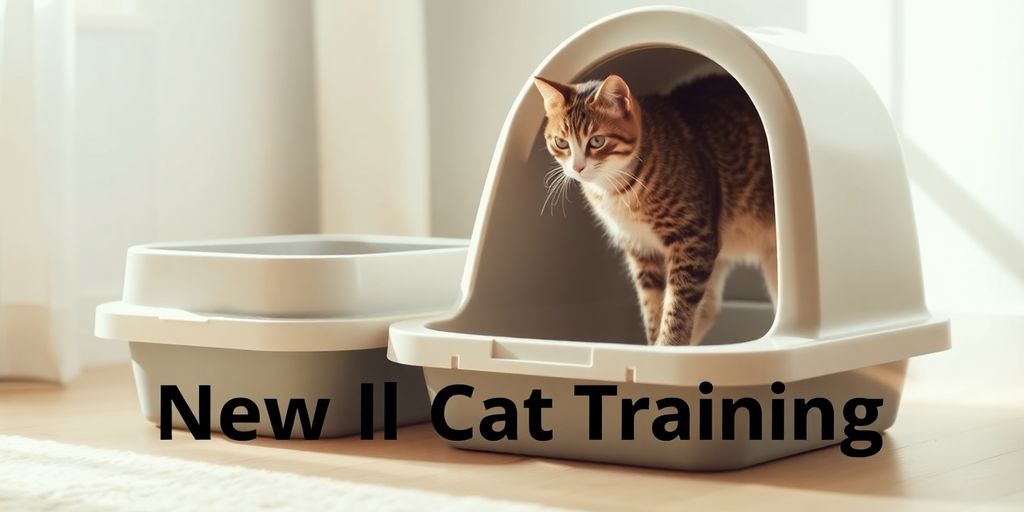 Curious cat near a clean litter box indoors.