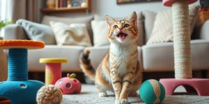 Playful cat with toys in a cozy living room.