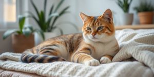 Calm cat resting on a blanket in a cozy setting.