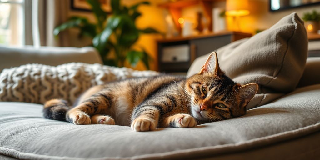 A calm cat resting on a cozy couch.
