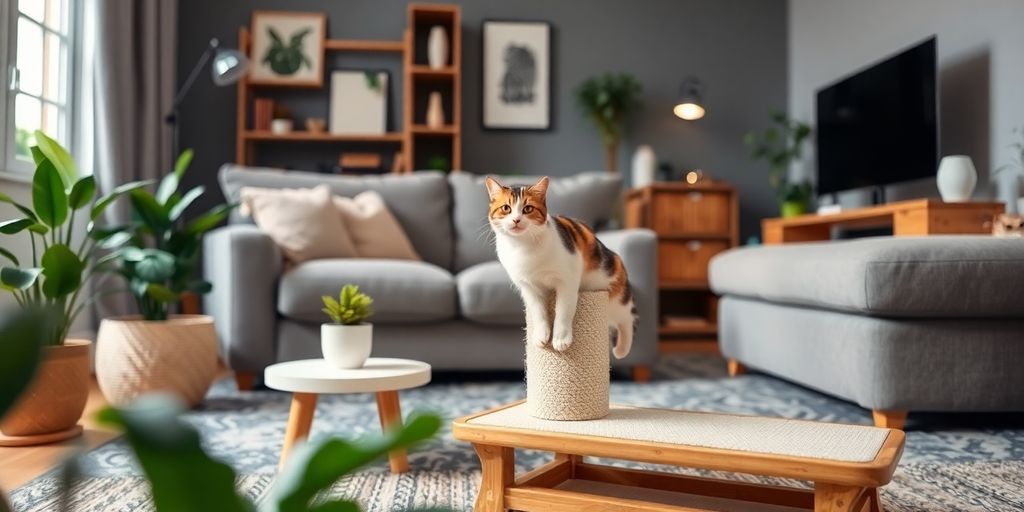 Cat scratching post in a stylish living room.