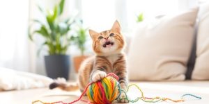 A happy cat playing with a ball of yarn.