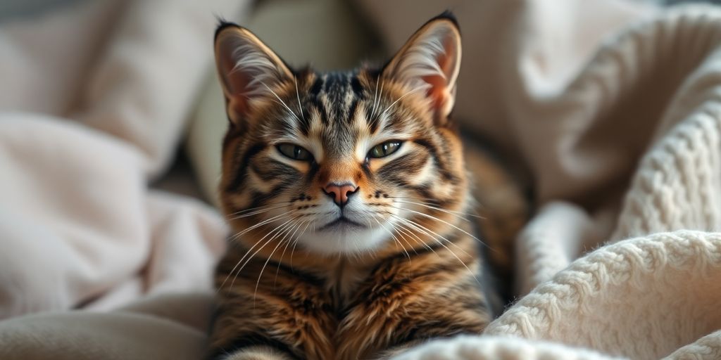 Calm cat in a serene, cozy environment.